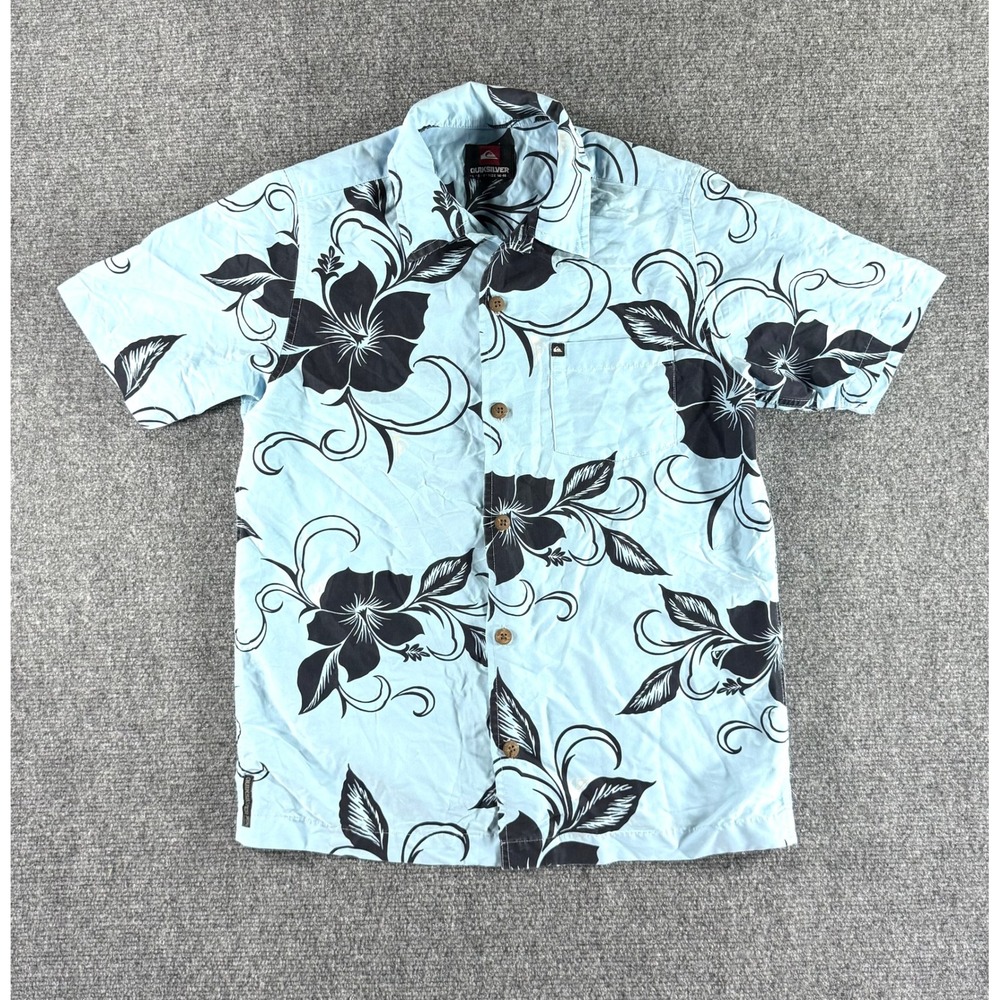 Quiksilver Boys Blue Black Floral Short‎ Sleeve Button Down Shirt L 16-18